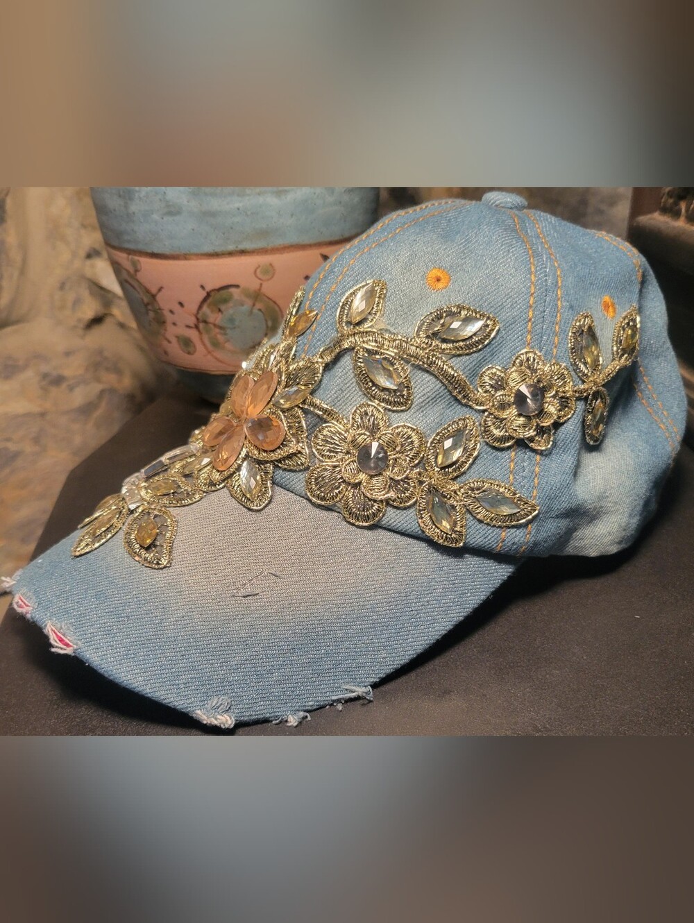 Y2K McBling Denim Baseball Cap Rhinestone Floral Embellished Distressed Hat